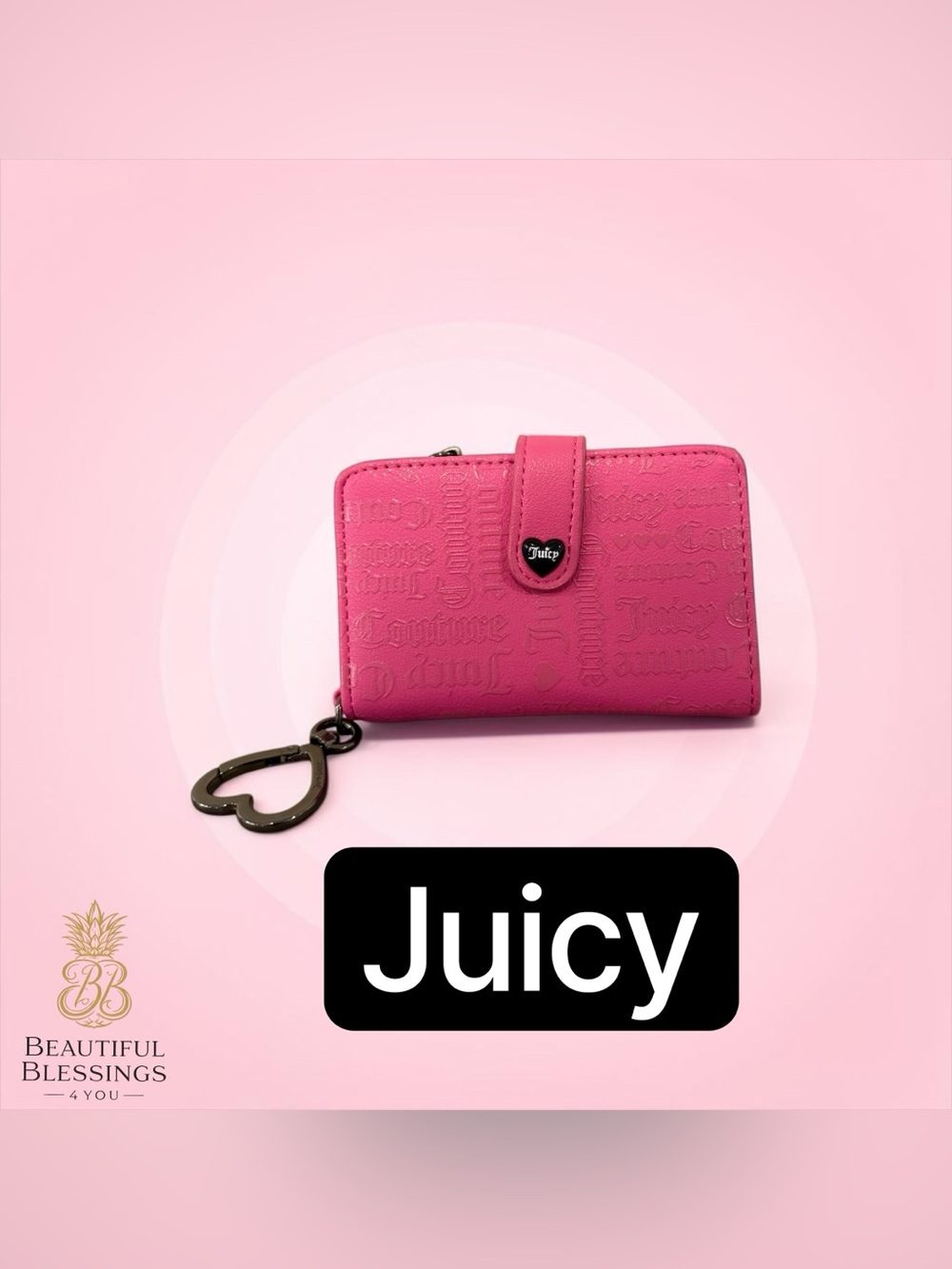 Juicy Couture Pink Embossed Logo Bifold Wallet Heart Keychain Zip Coin Pocket